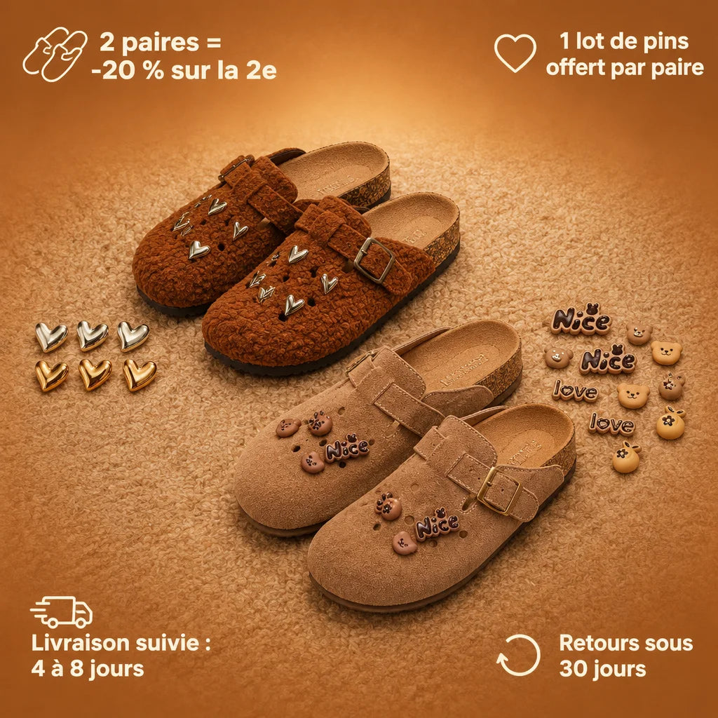 First, a square overhead campaign photograph: two complete pairs of BIRKROCS mules, one caramel tedd