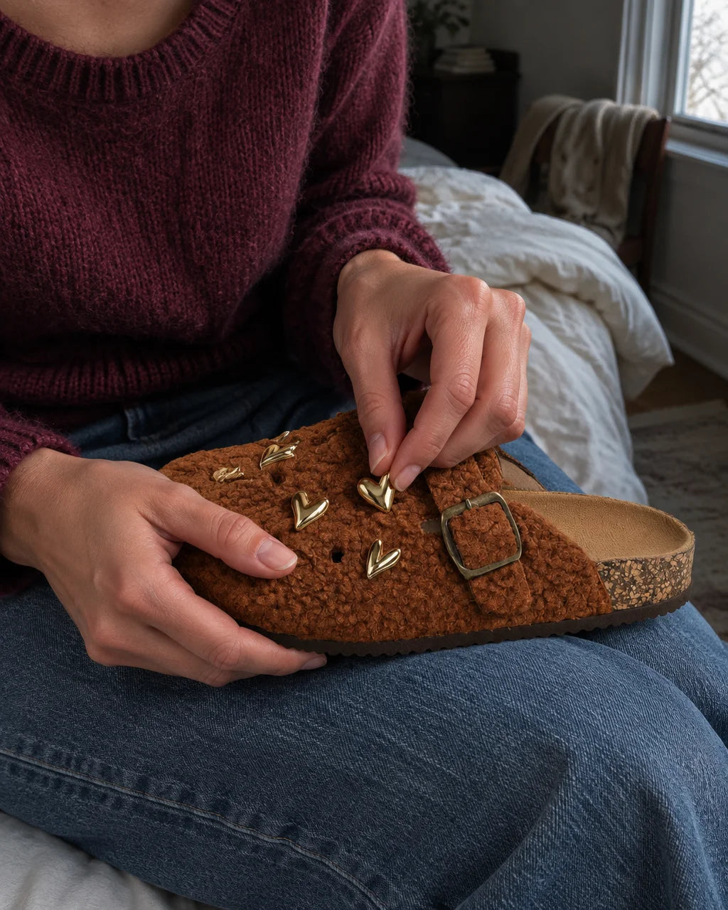A close candid photograph of the caramel teddy-wool BIRKROCS mule from the reference, with its squar